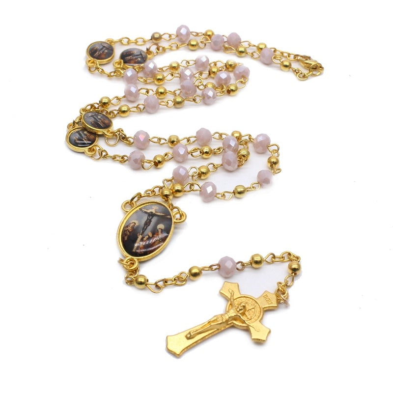 QIGO Crystal Rosary Necklace For Women Long Gold Cross Pendant Religious Jewelry