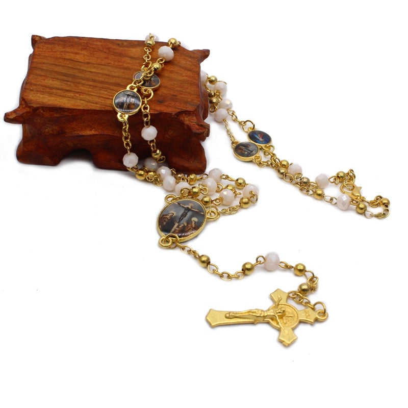 QIGO Crystal Rosary Necklace For Women Long Gold Cross Pendant Religious Jewelry