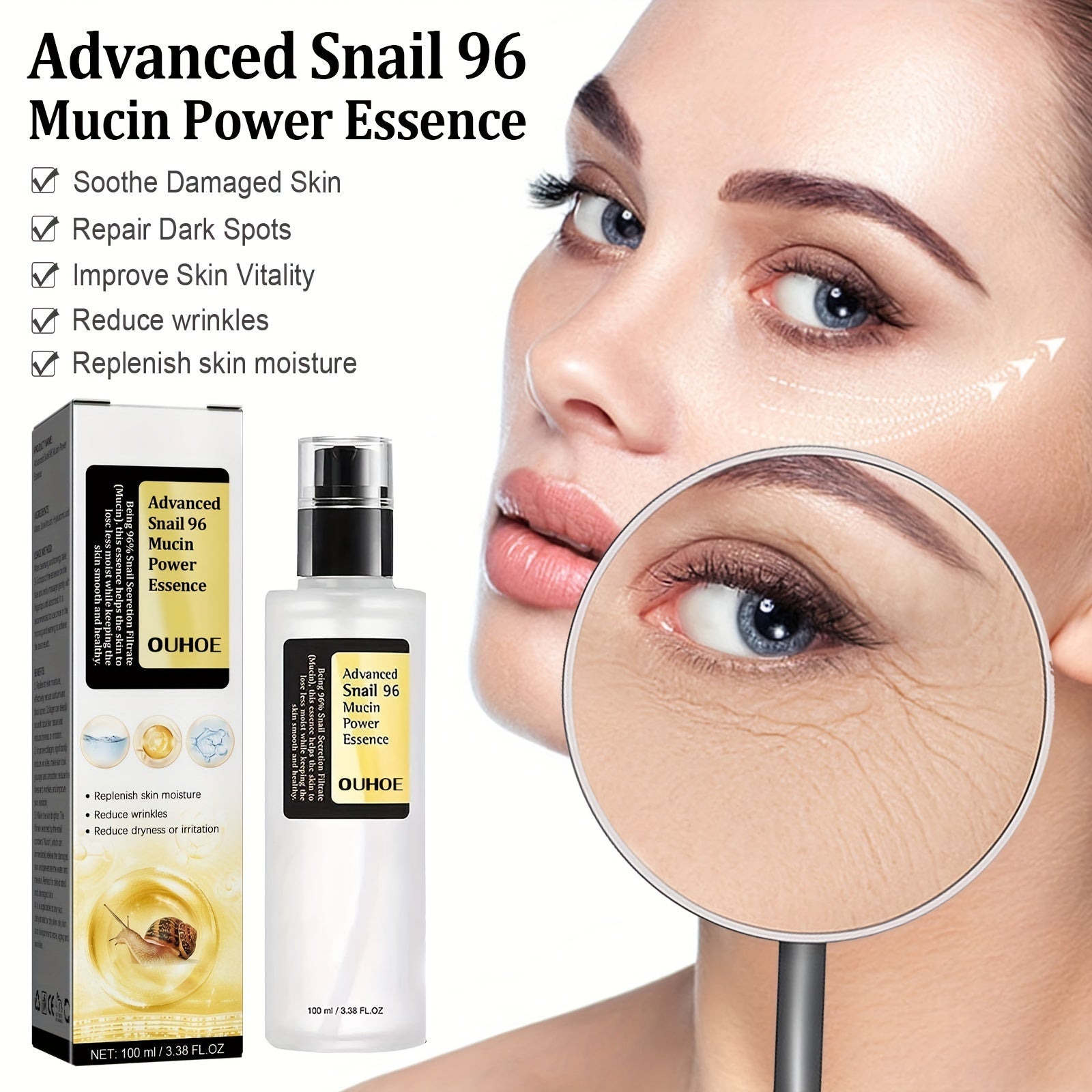 Snail Mucin Power Essence Moisturizer, 100ml Snail Mucin Essence Repairing Hyaluronic Acid Essence, Hydrating Serum For Face With Snail Secretion Filtrate For Dark Spots And Fine Lines