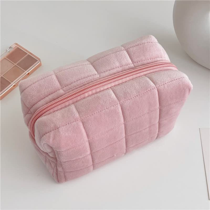 Plush Makeup Bag Checkered Cosmetic Bag Cosmetic Travel Bag Large Zipper Travel Toiletry Bag Portable Multi Functional Capacity Bag Cute Makeup Brushes Storage Bag For Women