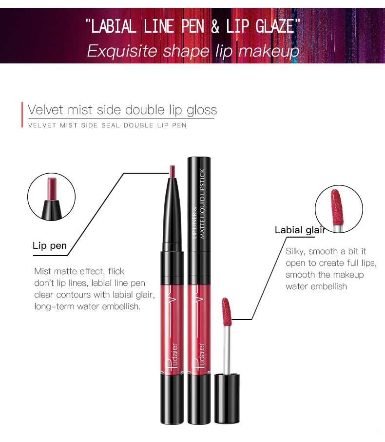 Pudaier Matte Lip Gloss Lip Liner 2 in1 Maqui gem Professional Complete Agate Red Lip Tint Plumper Tattoo Makeup liquid Lipstick